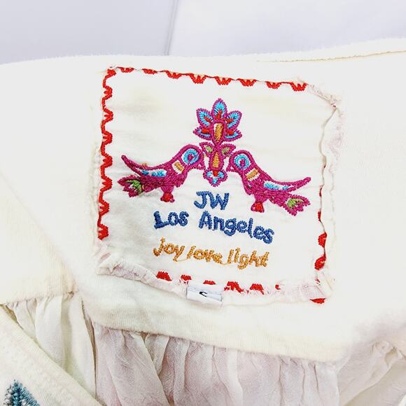 Johnny Was 3/4 Sleeve Cream V Neck Floral & Aztec Embroidery Sheer Back Top - Picture 2 of 13